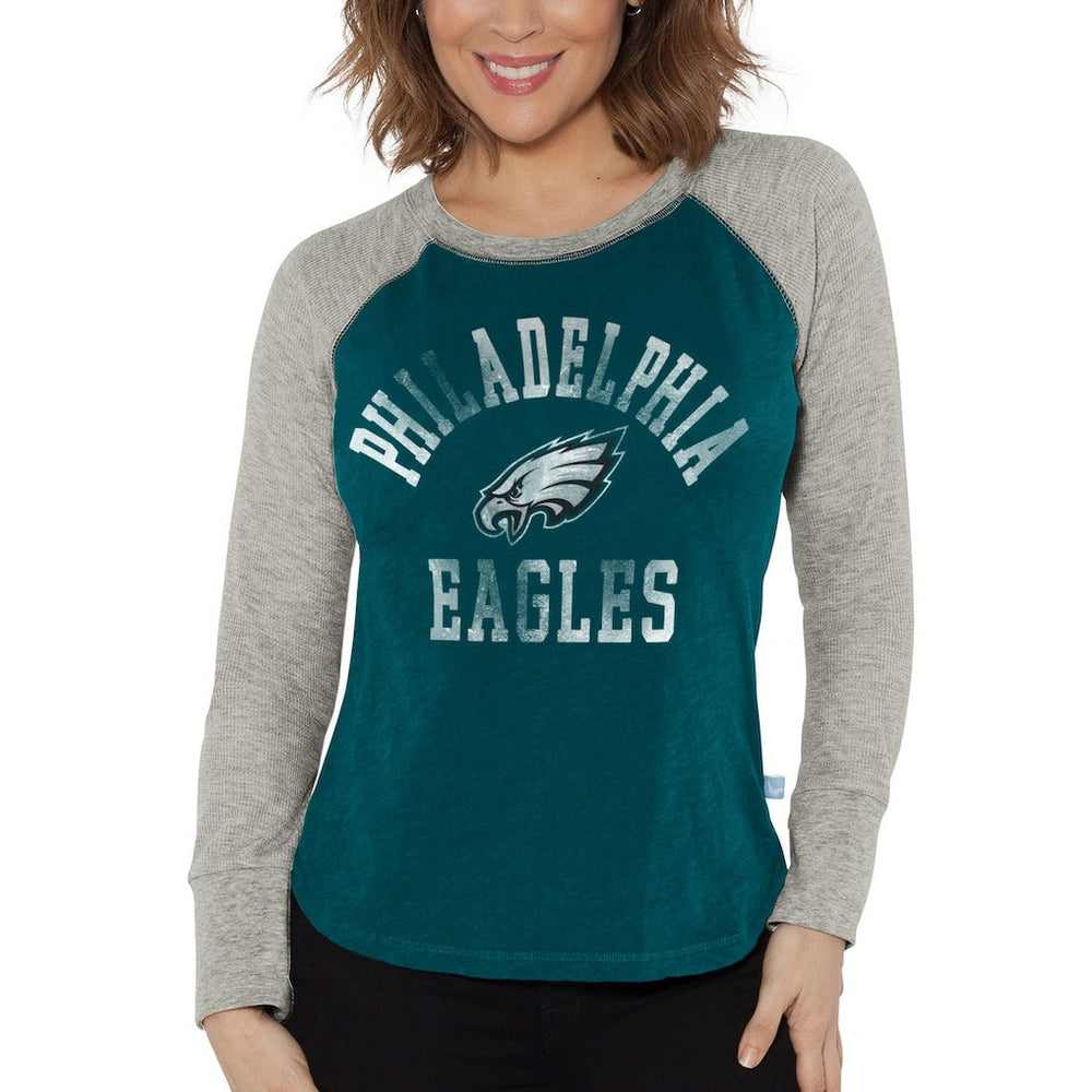 Philadelphia Eagles G-III 4Her by Carl Banks Women's Waffle Knit Raglan Long Sleeve T-Shirt - Midnight Green/Heather Gray for sale