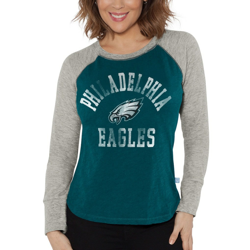Philadelphia Eagles G-III 4Her by Carl Banks Women's Waffle Knit Raglan Long Sleeve T-Shirt - Midnight Green/Heather Gray for sale