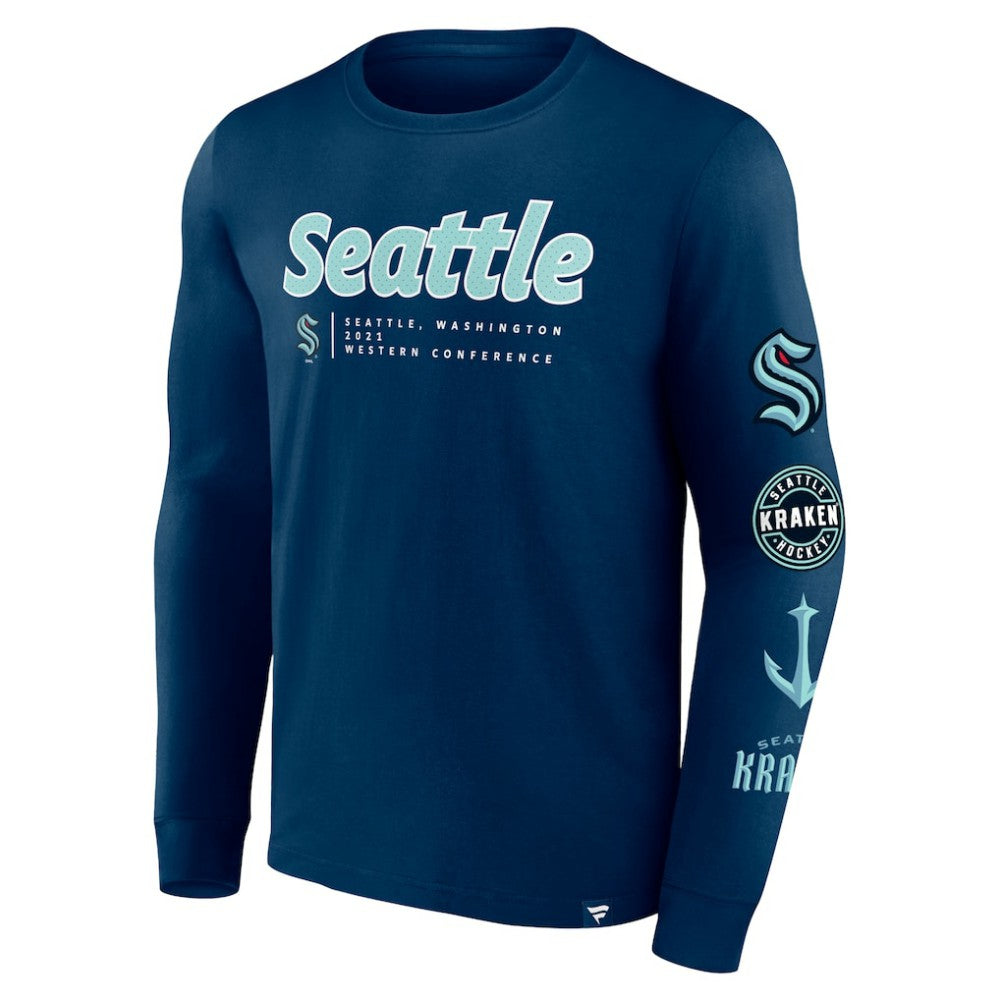 Seattle Kraken Fanatics Strike the Goal Long Sleeve T-Shirt - Deep Sea Blue T-shirts