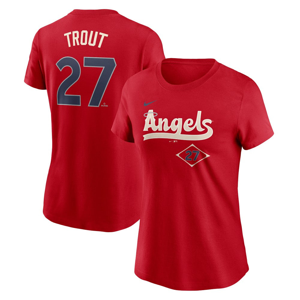 Mike Trout Los Angeles Angels Women's 2024 City Connect Fuse Player Name & Number T-Shirt Red