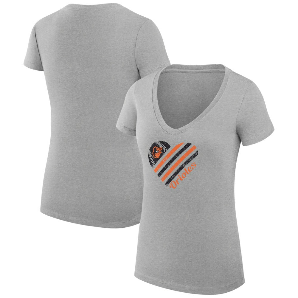 Baltimore Orioles G-III 4Her by Carl Banks Women's Super-Slim Fit Lightweight Heart V-Neck T-Shirt Heather Gray
