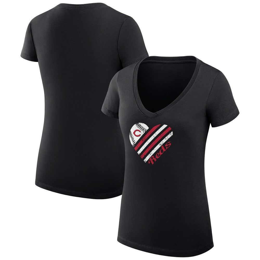 Cincinnati Reds G-III 4Her by Carl Banks Women's Super-Slim Fit Lightweight Heart V-Neck T-Shirt Black