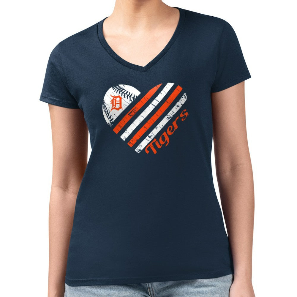 Detroit Tigers G-III 4Her by Carl Banks Women's Super-Slim Fit Lightweight Heart V-Neck T-Shirt Navy