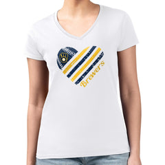 Milwaukee Brewers G-III 4Her by Carl Banks Women's Super-Slim Fit Lightweight Heart V-Neck T-Shirt White