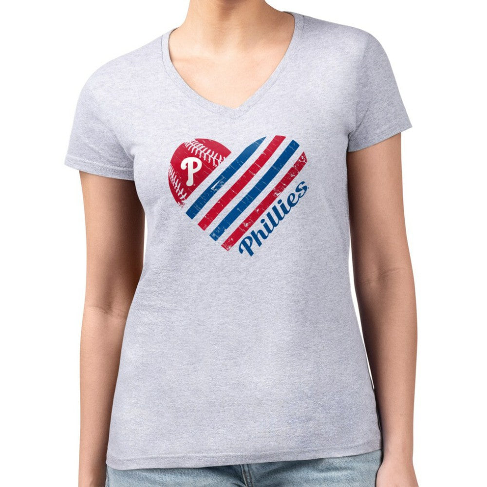 Philadelphia Phillies G-III 4Her by Carl Banks Women's Super-Slim Fit Lightweight Heart V-Neck T-Shirt Heather Gray