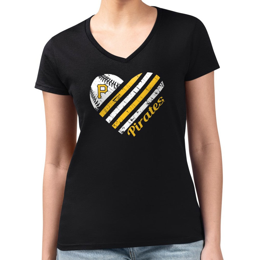 Pittsburgh Pirates G-III 4Her by Carl Banks Women's Super-Slim Fit Lightweight Heart V-Neck T-Shirt Black