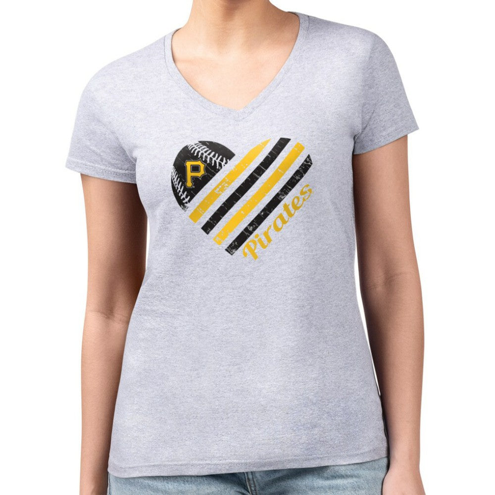 Pittsburgh Pirates G-III 4Her by Carl Banks Women's Super-Slim Fit Lightweight Heart V-Neck T-Shirt Heather Gray