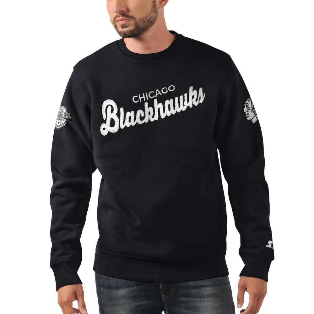 Chicago Blackhawks Starter x NHL Black Ice Cross Check Pullover Sweatshirt - Black Sweatshirts
