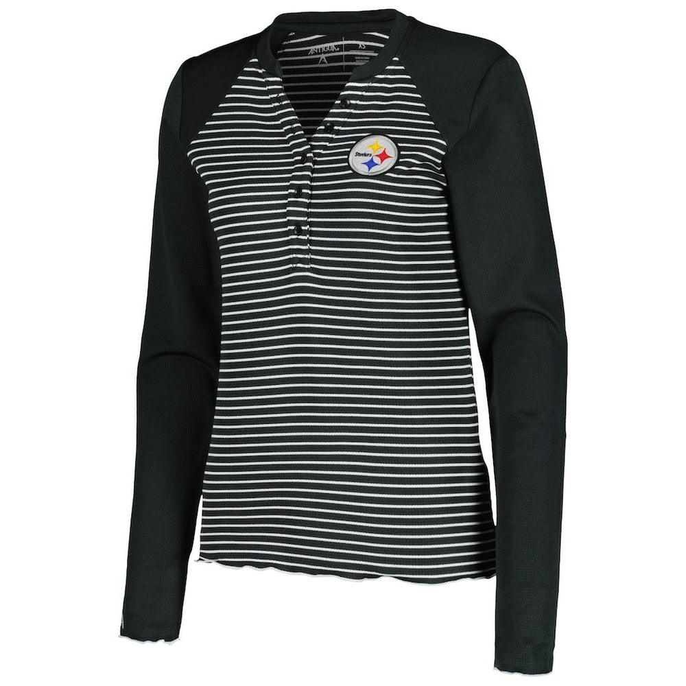 Pittsburgh Steelers Antigua Women's Maverick Waffle Henley Long Sleeve T-Shirt - Black on sale