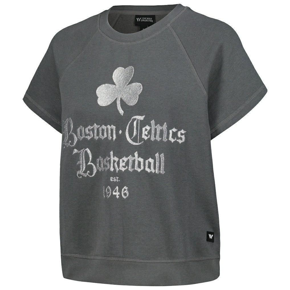 Boston Celtics The Wild Collective Women's Embroidered Fleece Raglan Short Sleeve Pullover Sweatshirt - Gray shop