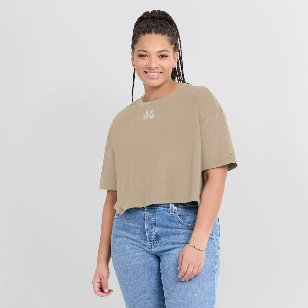 Cincinnati Bengals Women's Elements Super Soft Boxy Cropped T-Shirt - Khaki for sale