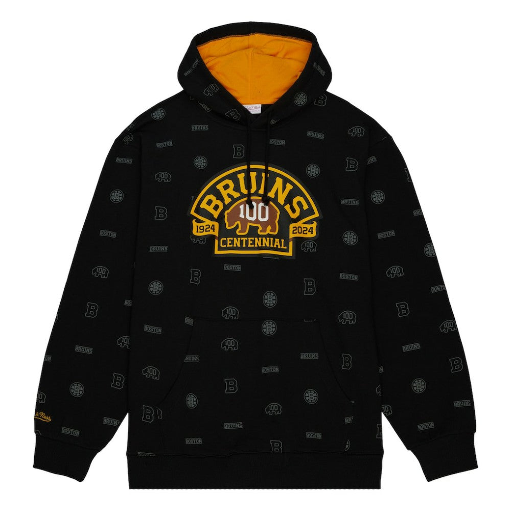 Boston Bruins Mitchell & Ness 100th Anniversary Allover Print Pullover Hoodie - Black Hoodies
