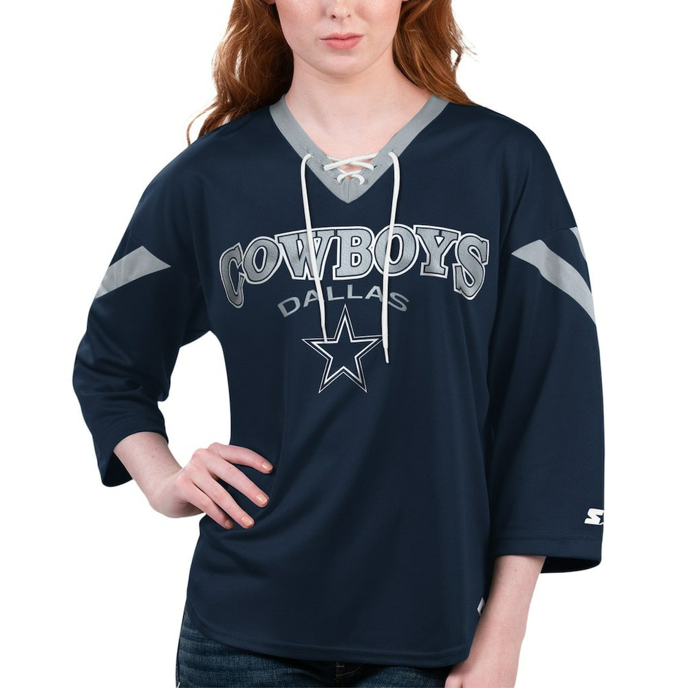 Dallas Cowboys Starter Women's Rally Lace-Up 3/4-Sleeve T-Shirt - Navy sale