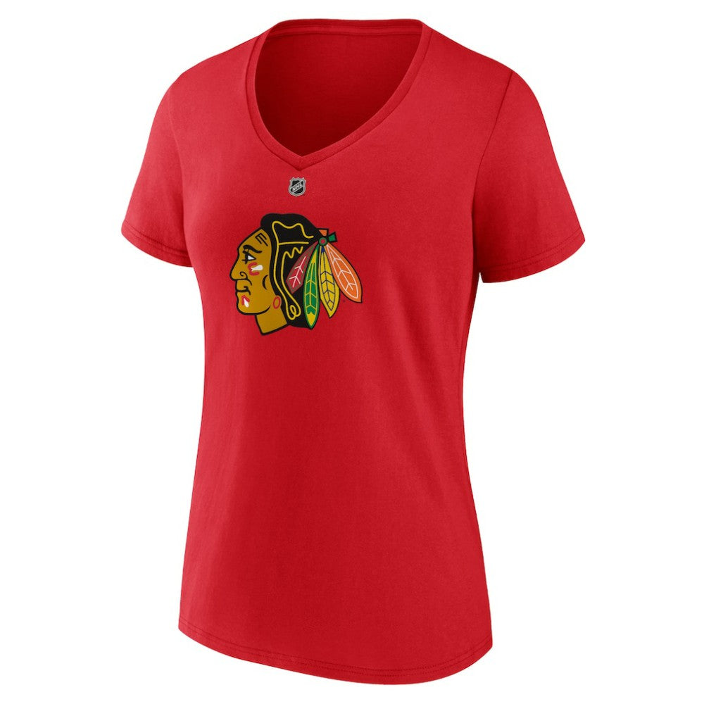 Connor Bedard Chicago Blackhawks Fanatics Women's Authentic Stack Name & Number V-Neck T-Shirt - Red T-shirts