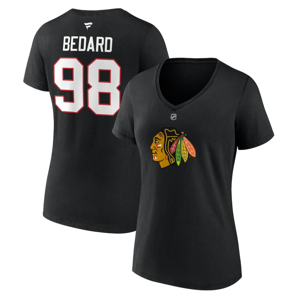 Connor Bedard Chicago Blackhawks Fanatics Women's Authentic Stack Name & Number V-Neck T-Shirt - Black T-shirts