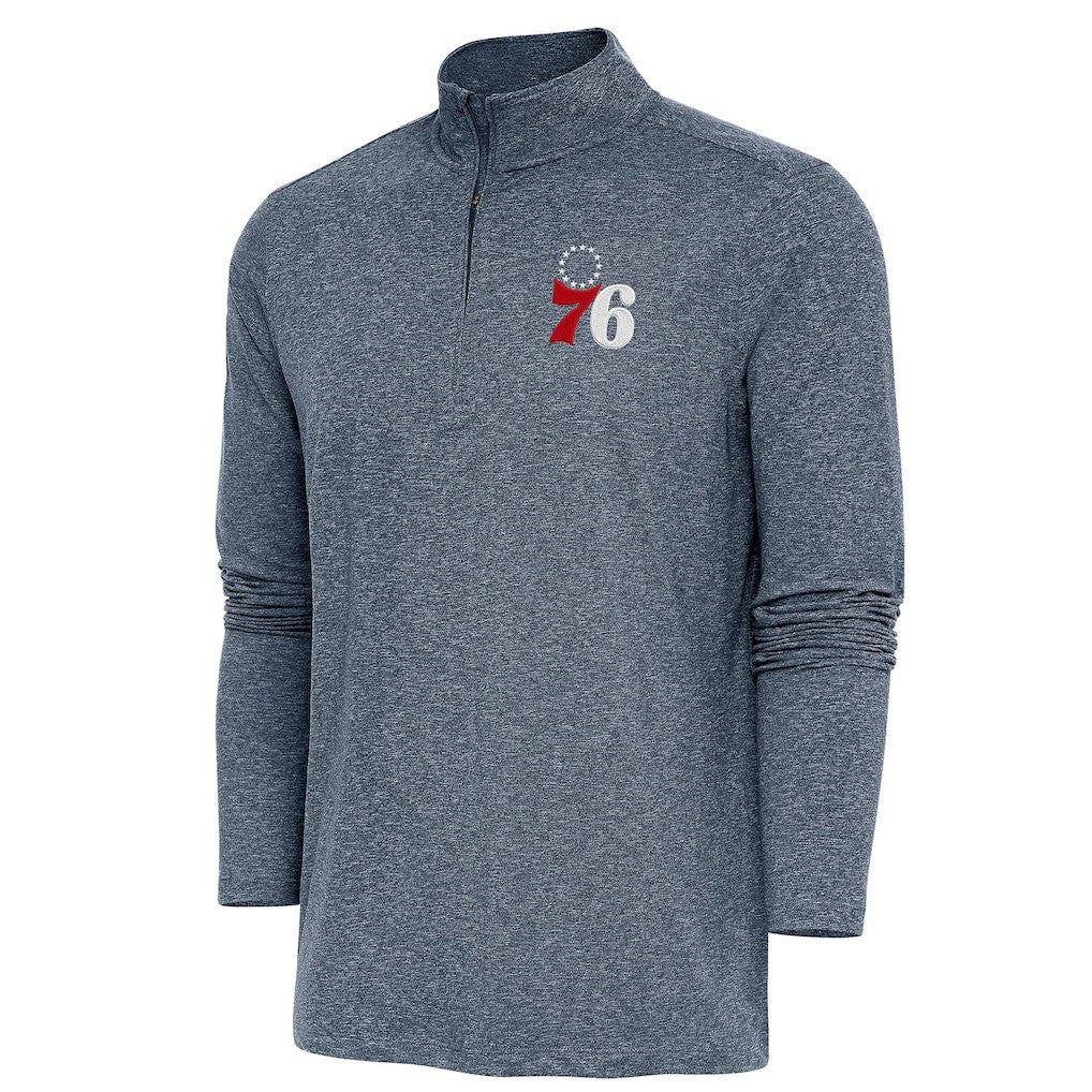 Philadelphia 76ers Antigua Hunk Quarter-Zip Pullover Top - Heather Navy on sale
