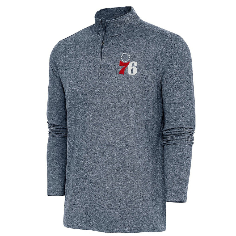 Philadelphia 76ers Antigua Hunk Quarter-Zip Pullover Top - Heather Navy on sale