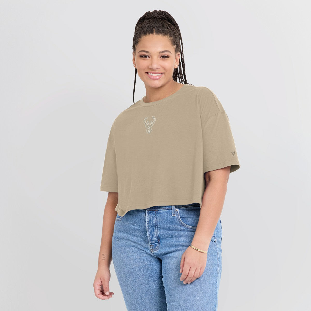 Milwaukee Bucks Women's Elements Super Soft Boxy Cropped T-Shirt - Khaki outlet