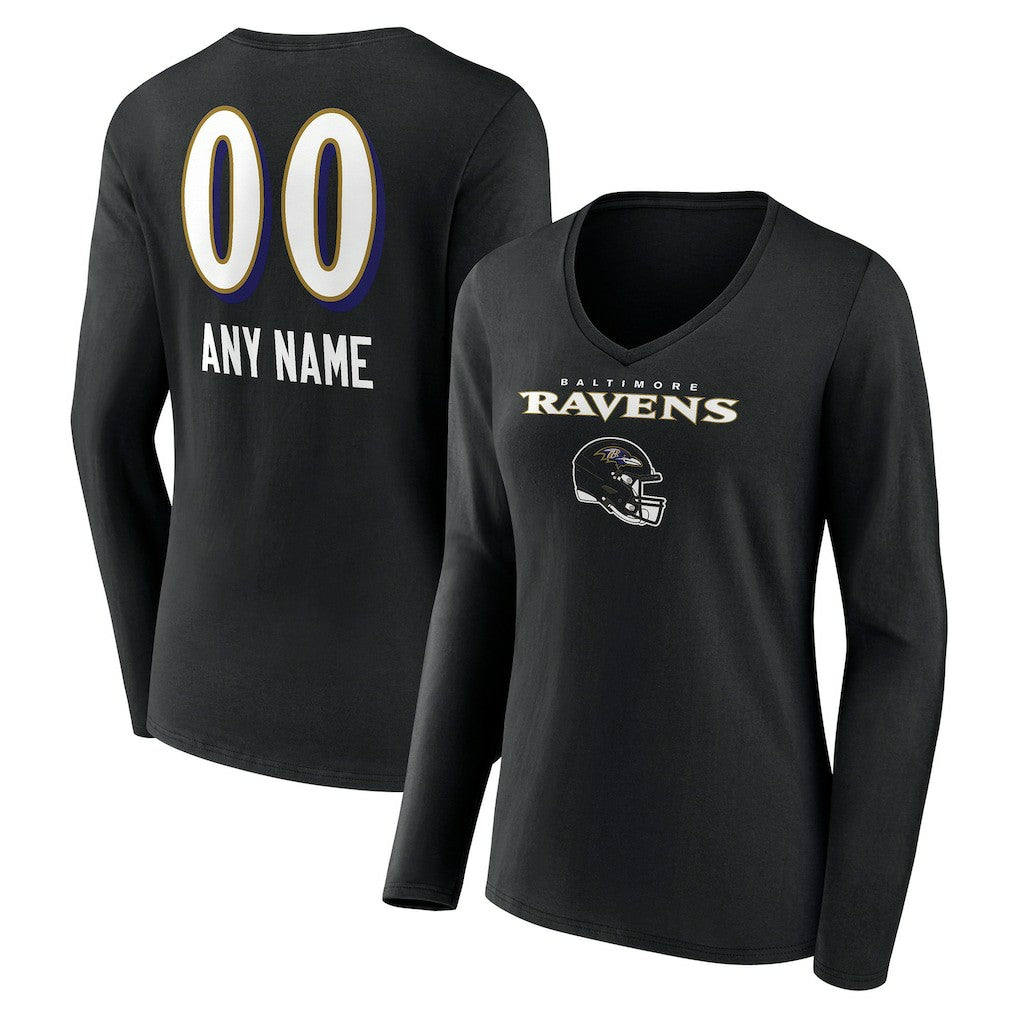 Baltimore Ravens Women's Personalized Name & Number Team Wordmark Long Sleeve V-Neck T-Shirt - Black for sale