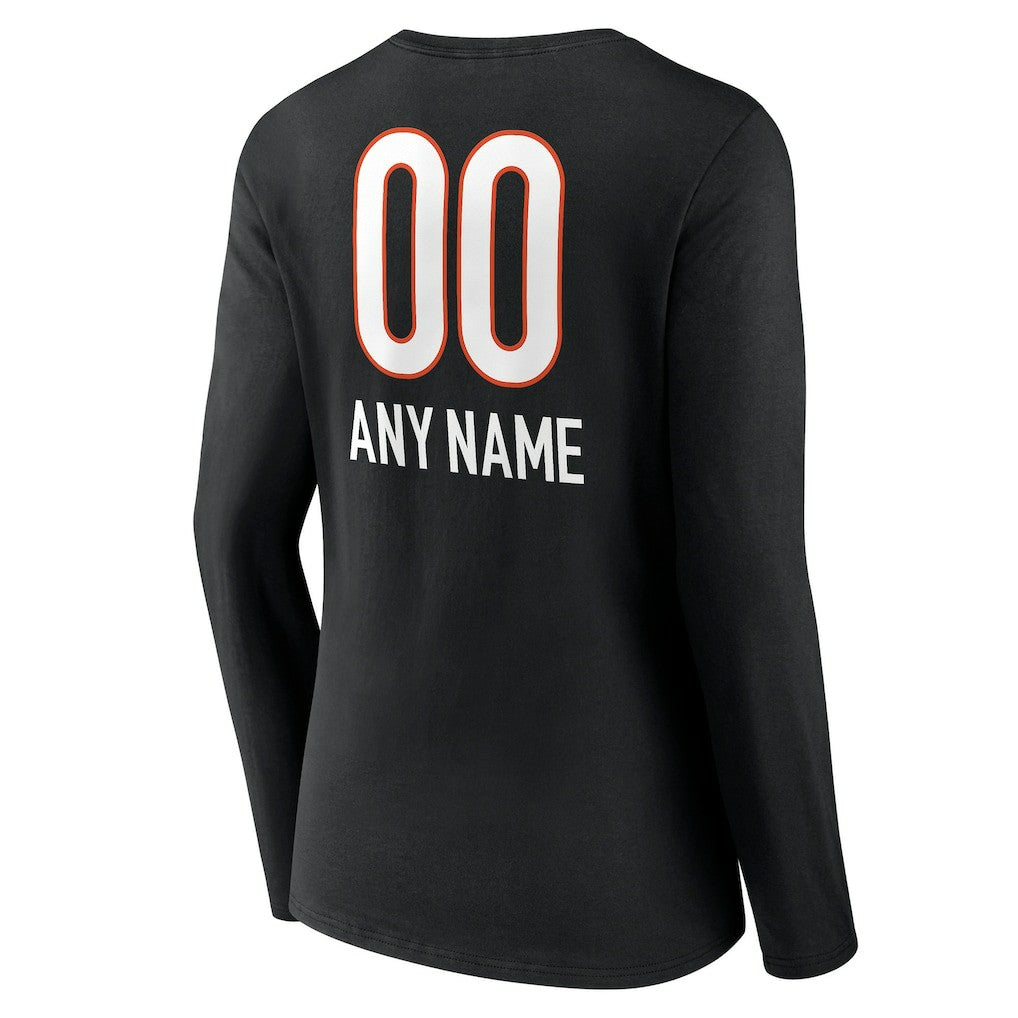Cincinnati Bengals Women's Personalized Name & Number Team Wordmark Long Sleeve V-Neck T-Shirt - Black outlet