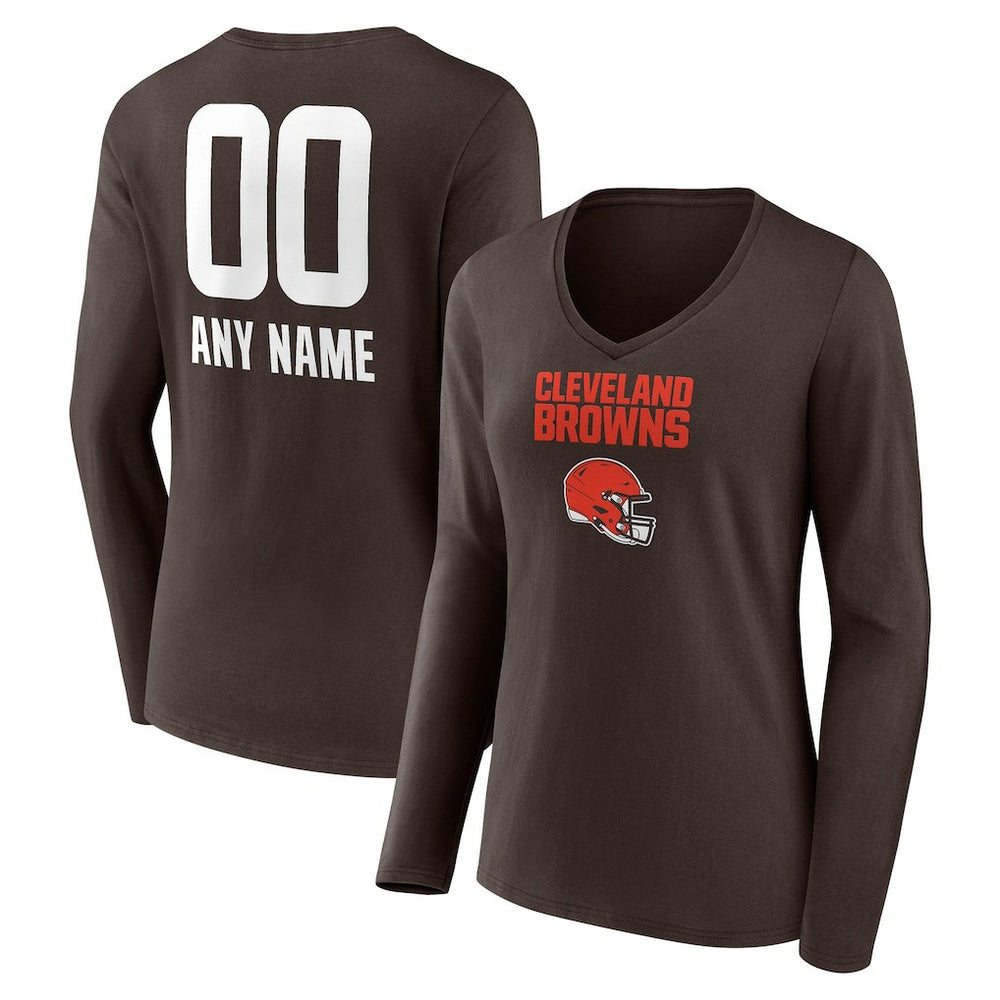 Cleveland Browns Women's Personalized Name & Number Team Wordmark Long Sleeve V-Neck T-Shirt - Brown sale