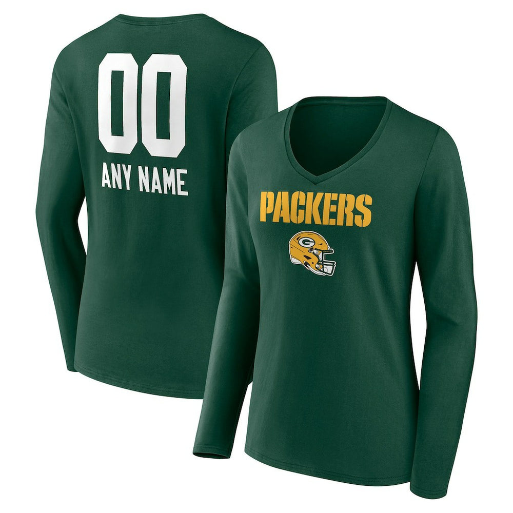 Green Bay Packers Women's Personalized Name & Number Team Wordmark Long Sleeve V-Neck T-Shirt - Green cheap