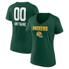 Green Bay Packers Women's Personalized Name & Number Team Wordmark V-Neck T-Shirt - Green for sale