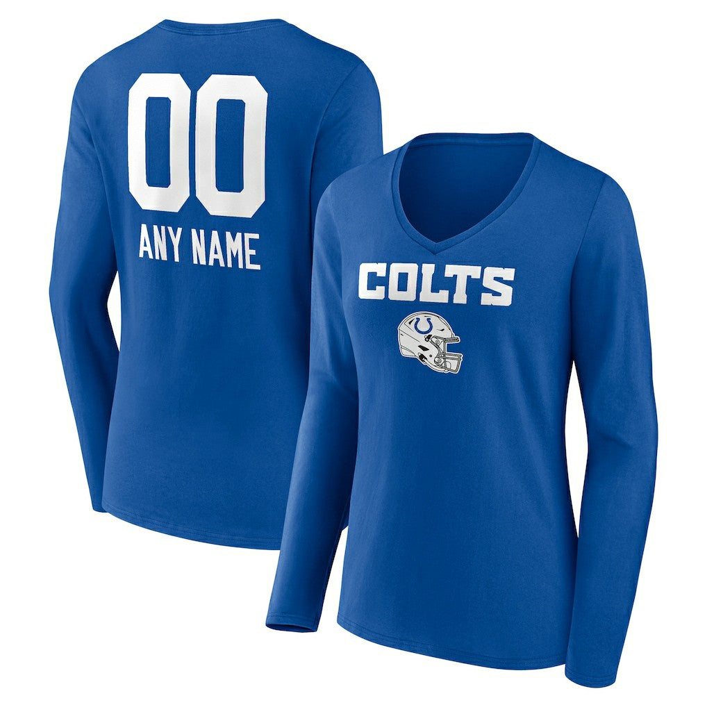 Indianapolis Colts Women's Personalized Name & Number Team Wordmark Long Sleeve V-Neck T-Shirt - Royal discount