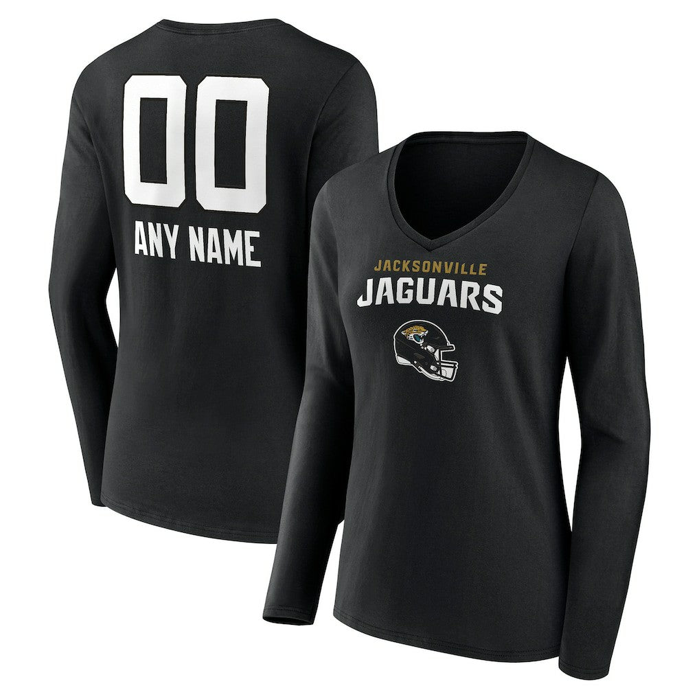 Jacksonville Jaguars Women's Personalized Name & Number Team Wordmark Long Sleeve V-Neck T-Shirt - Black for sale