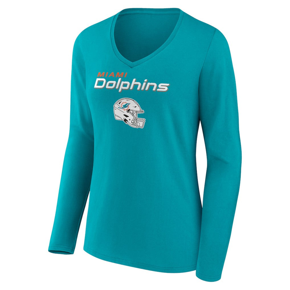Miami Dolphins Women's Personalized Name & Number Team Wordmark Long Sleeve V-Neck T-Shirt - Aqua for sale