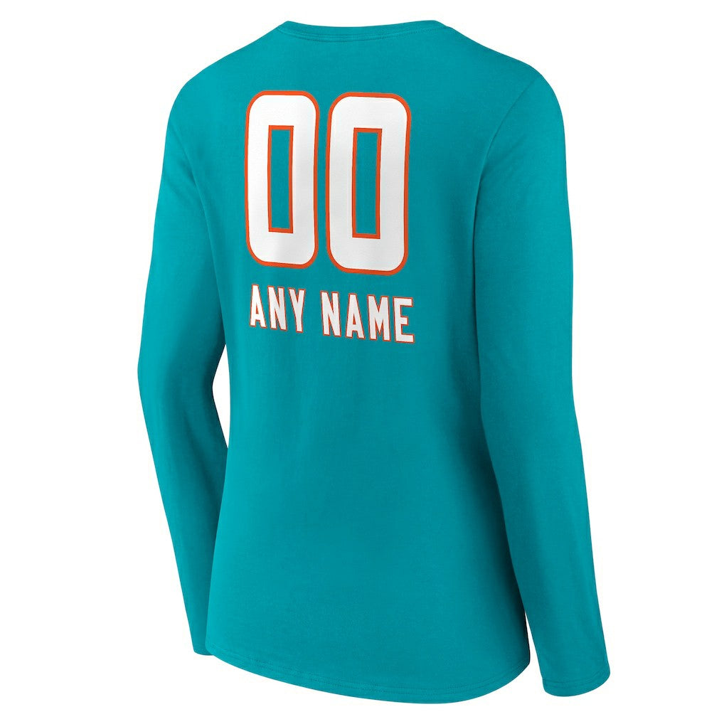 Miami Dolphins Women's Personalized Name & Number Team Wordmark Long Sleeve V-Neck T-Shirt - Aqua for sale