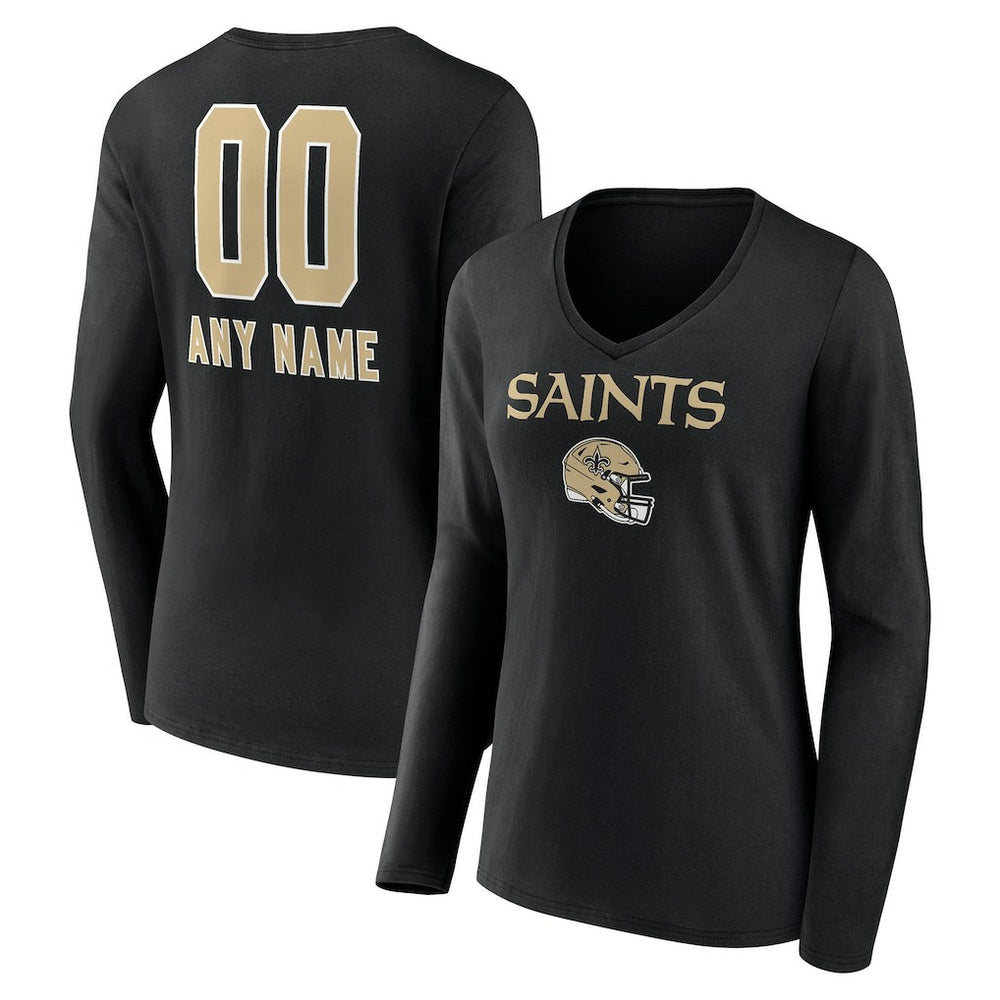 New Orleans Saints Women's Personalized Name & Number Team Wordmark Long Sleeve V-Neck T-Shirt - Black cheap