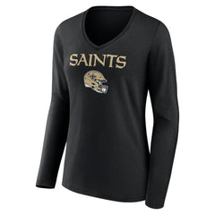 New Orleans Saints Women's Personalized Name & Number Team Wordmark Long Sleeve V-Neck T-Shirt - Black cheap