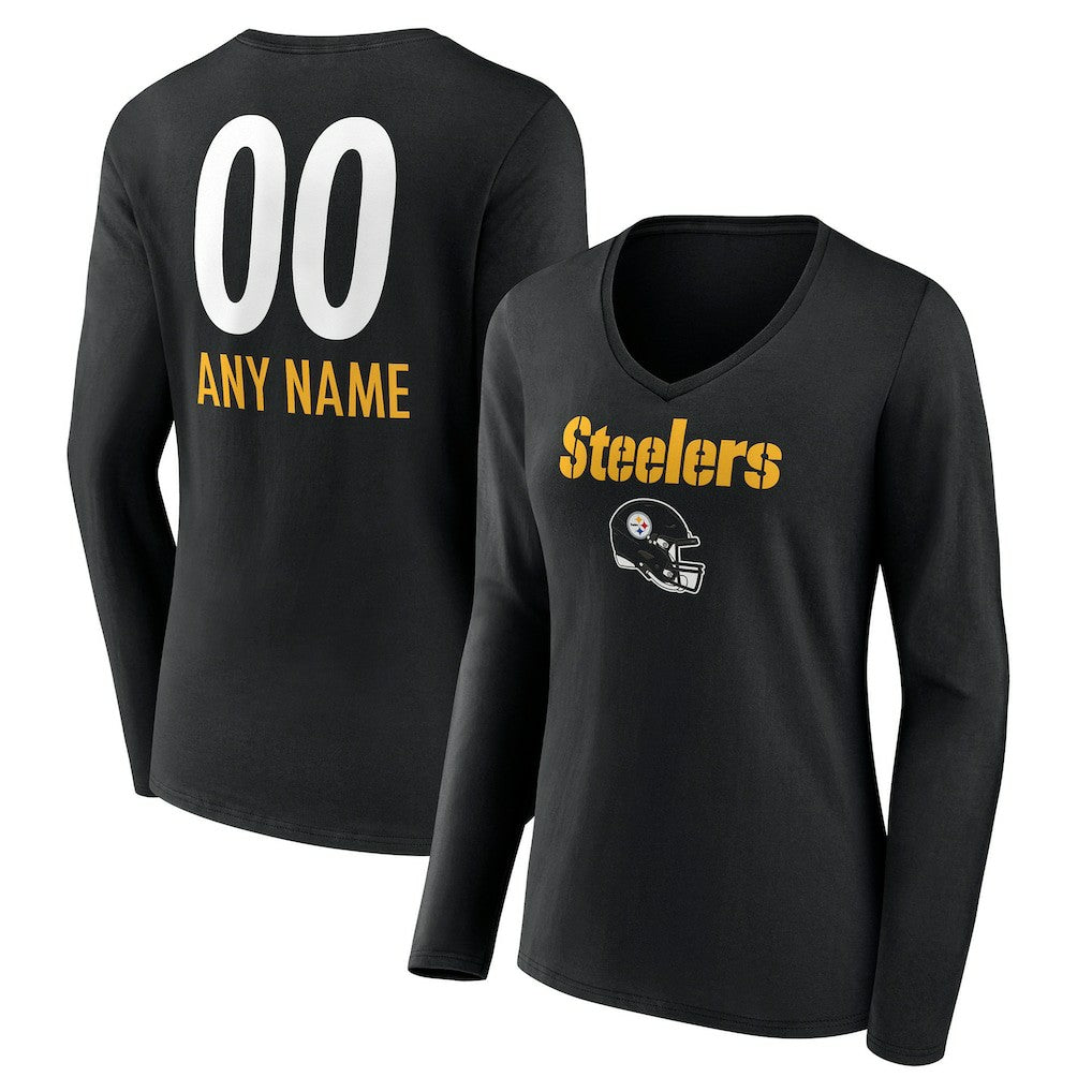 Pittsburgh Steelers Women's Personalized Name & Number Team Wordmark Long Sleeve V-Neck T-Shirt - Black outlet