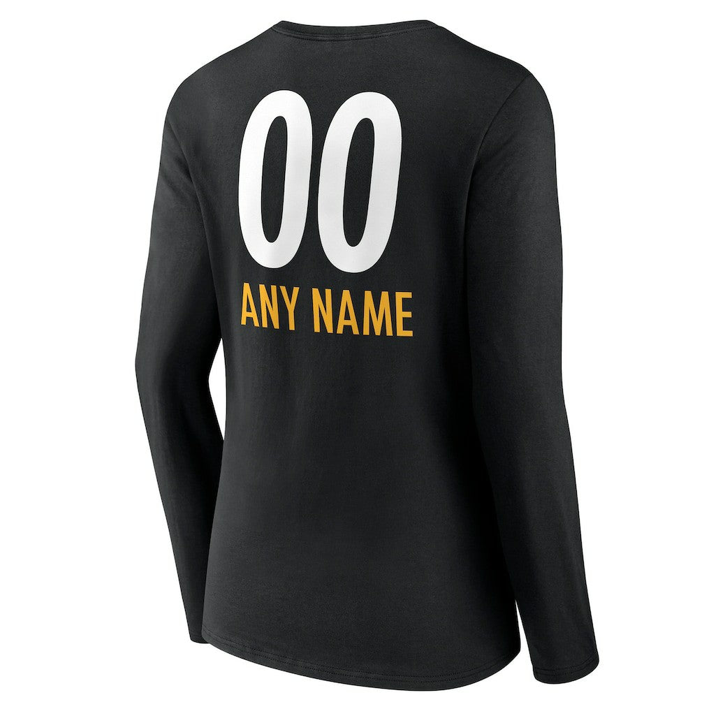 Pittsburgh Steelers Women's Personalized Name & Number Team Wordmark Long Sleeve V-Neck T-Shirt - Black outlet