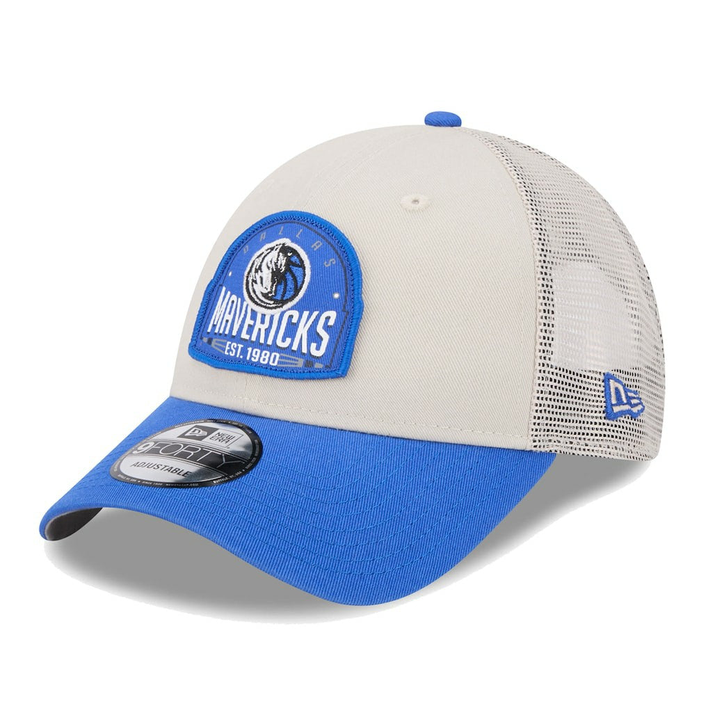 Dallas Mavericks Throwback Patch Trucker 9FORTY Adjustable Hat sale - Khaki/Blue discount