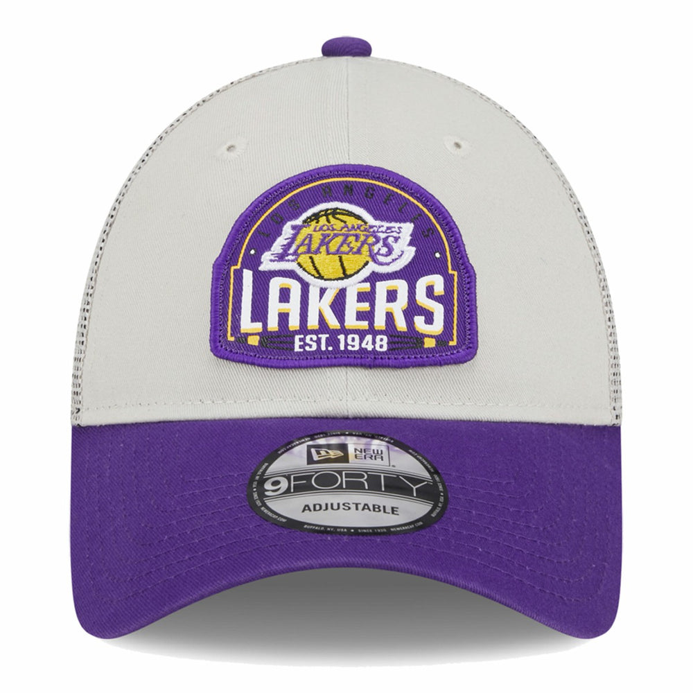 Los Angeles Lakers Throwback Patch Trucker 9FORTY Adjustable Hat - Khaki/Purple sale