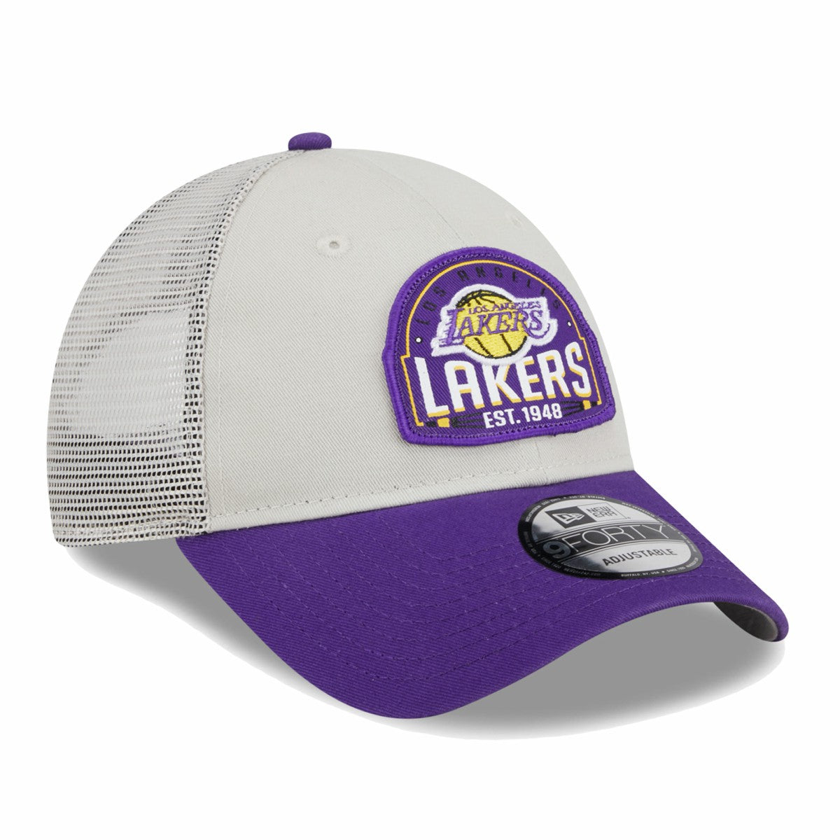 Los Angeles Lakers Throwback Patch Trucker 9FORTY Adjustable Hat - Khaki/Purple sale