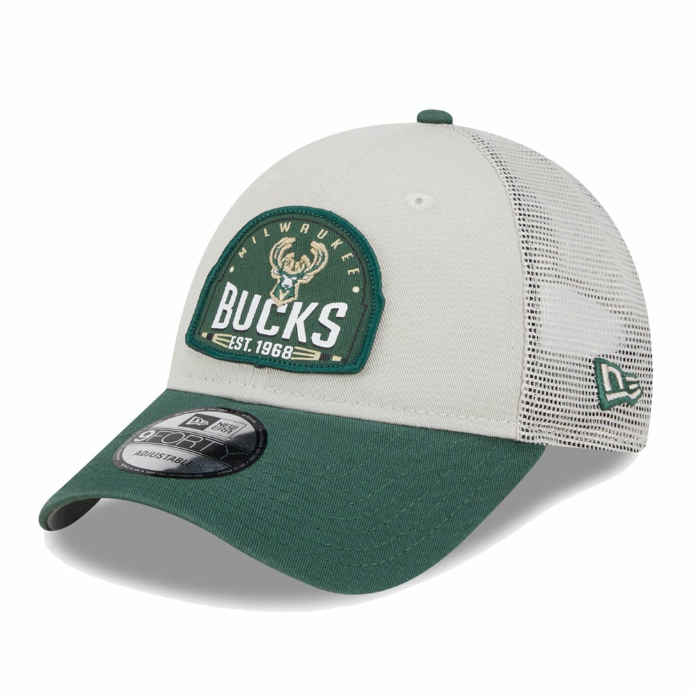 Milwaukee Bucks Throwback Patch Trucker 9FORTY Adjustable Hat - Khaki/Hunter Green discount
