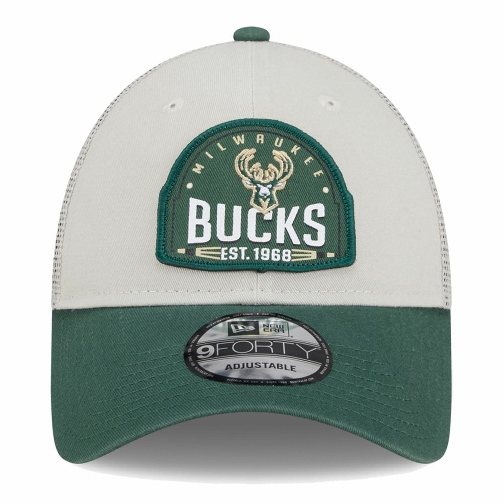 Milwaukee Bucks Throwback Patch Trucker 9FORTY Adjustable Hat - Khaki/Hunter Green discount