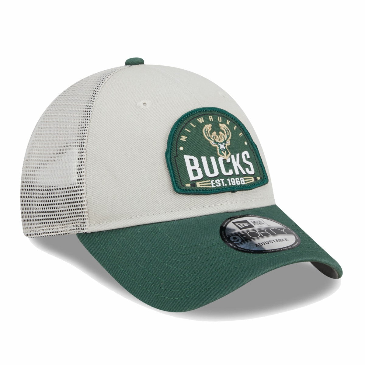 Milwaukee Bucks Throwback Patch Trucker 9FORTY Adjustable Hat - Khaki/Hunter Green discount