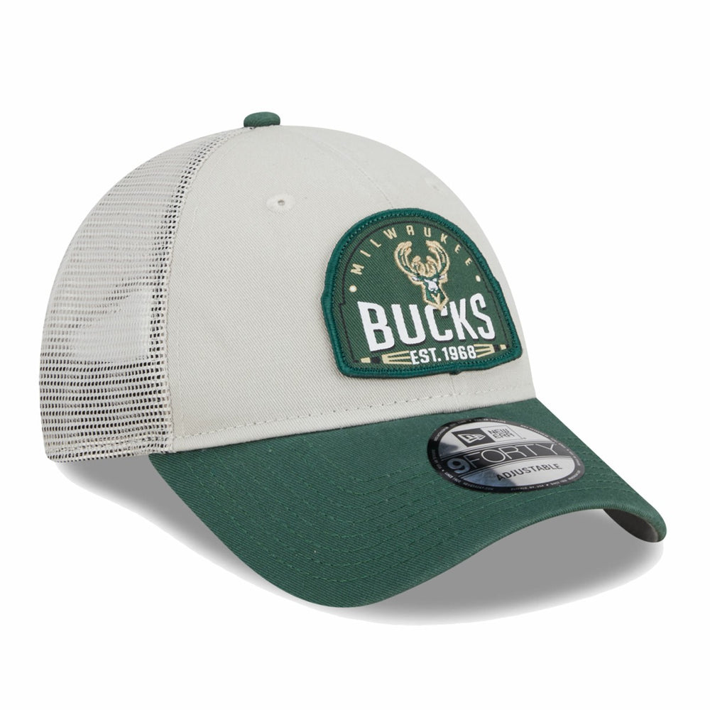 Milwaukee Bucks Throwback Patch Trucker 9FORTY Adjustable Hat - Khaki/Hunter Green discount