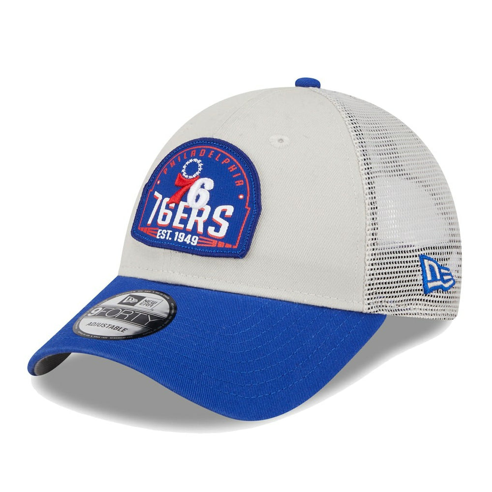 Philadelphia 76ers Throwback Patch Trucker 9FORTY Adjustable Hat - Khaki/Royal online