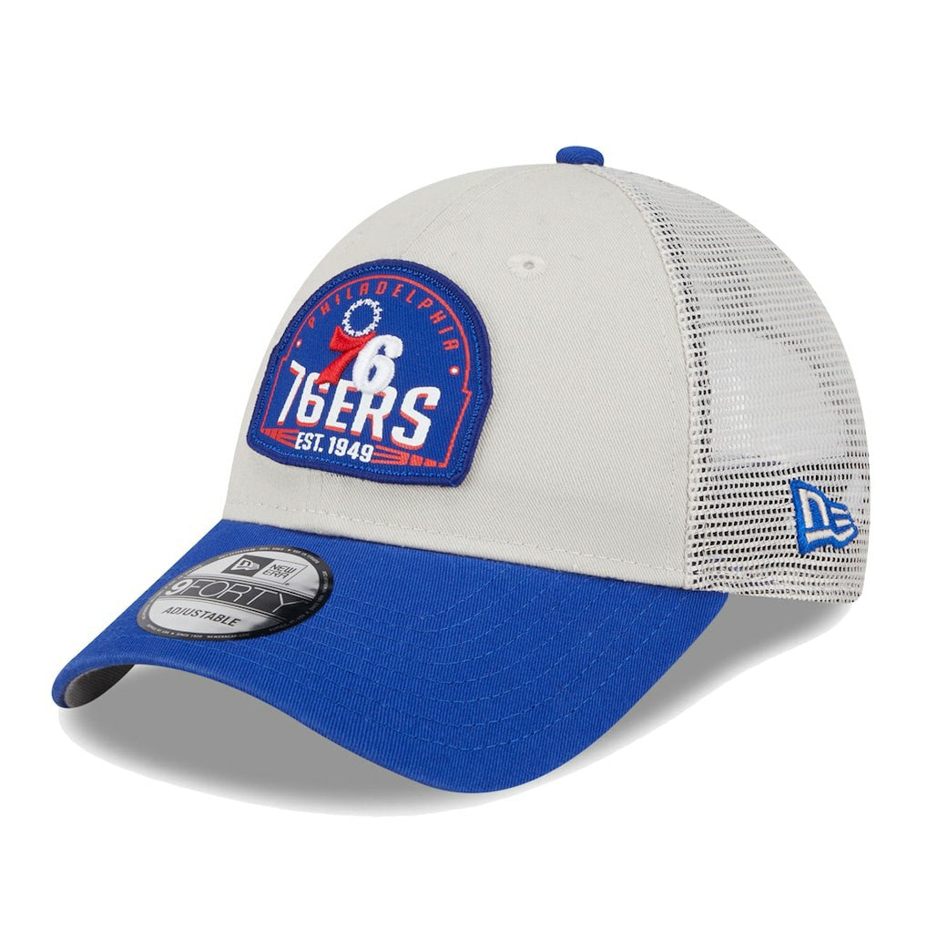 Philadelphia 76ers Throwback Patch Trucker 9FORTY Adjustable Hat - Khaki/Royal online