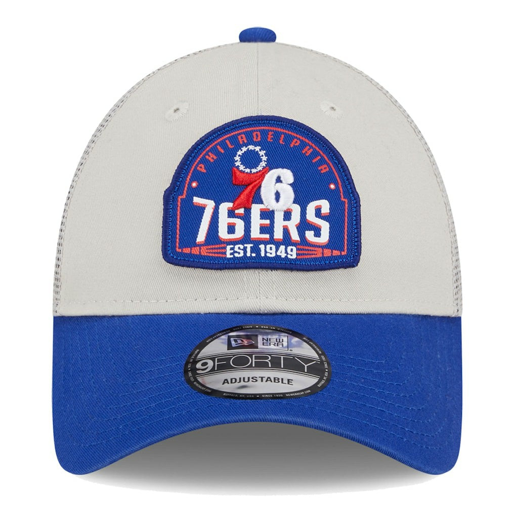 Philadelphia 76ers Throwback Patch Trucker 9FORTY Adjustable Hat - Khaki/Royal online