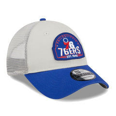 Philadelphia 76ers Throwback Patch Trucker 9FORTY Adjustable Hat - Khaki/Royal online