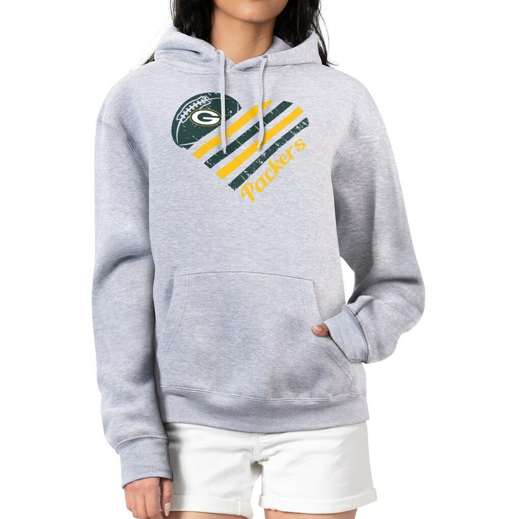 Green Bay Packers G-III 4Her by Carl Banks Women's Heart Graphic Fleece Pullover Hoodie - Heather Gray for sale