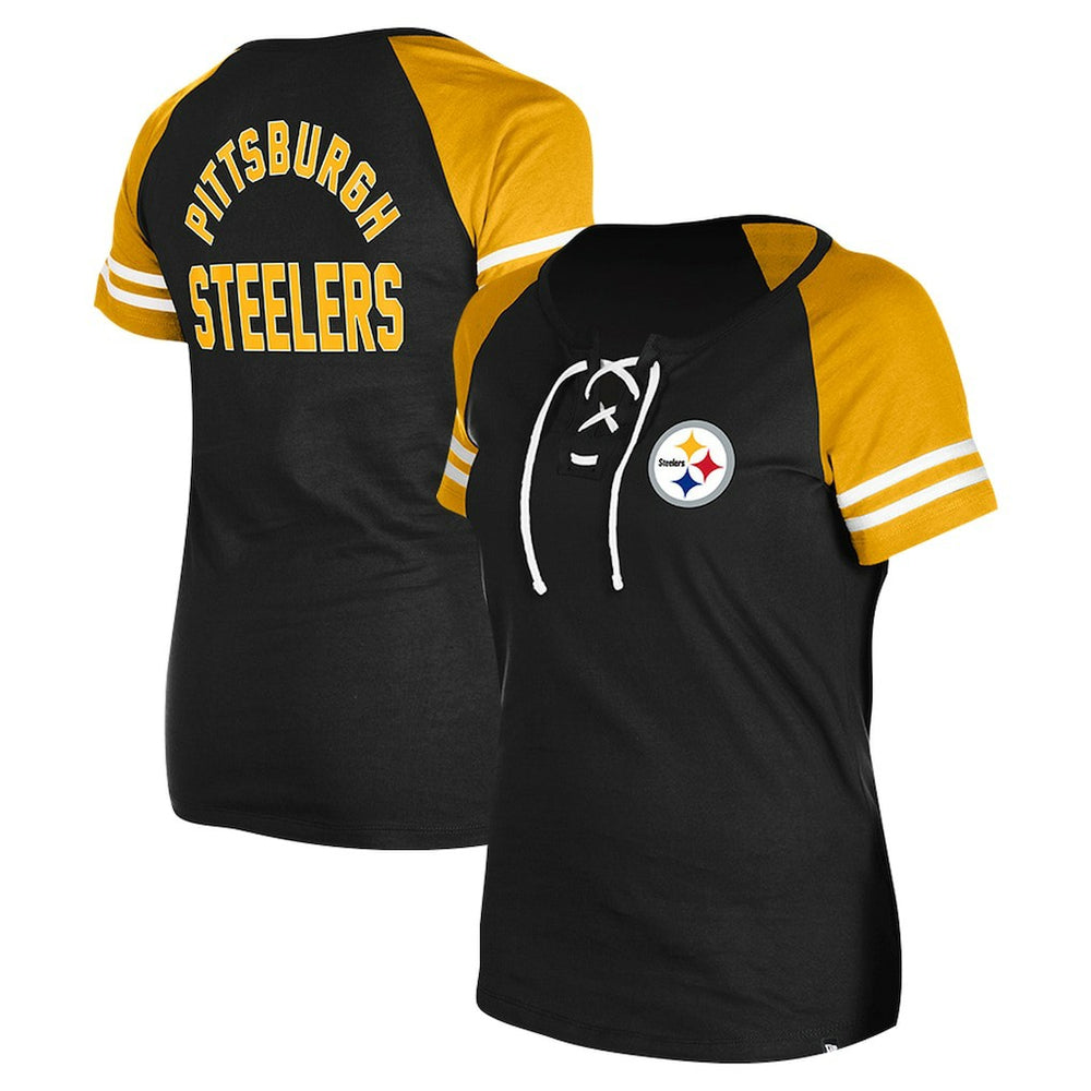 Pittsburgh Steelers New Era Women's Lace-Up Raglan T-Shirt - Black cheap
