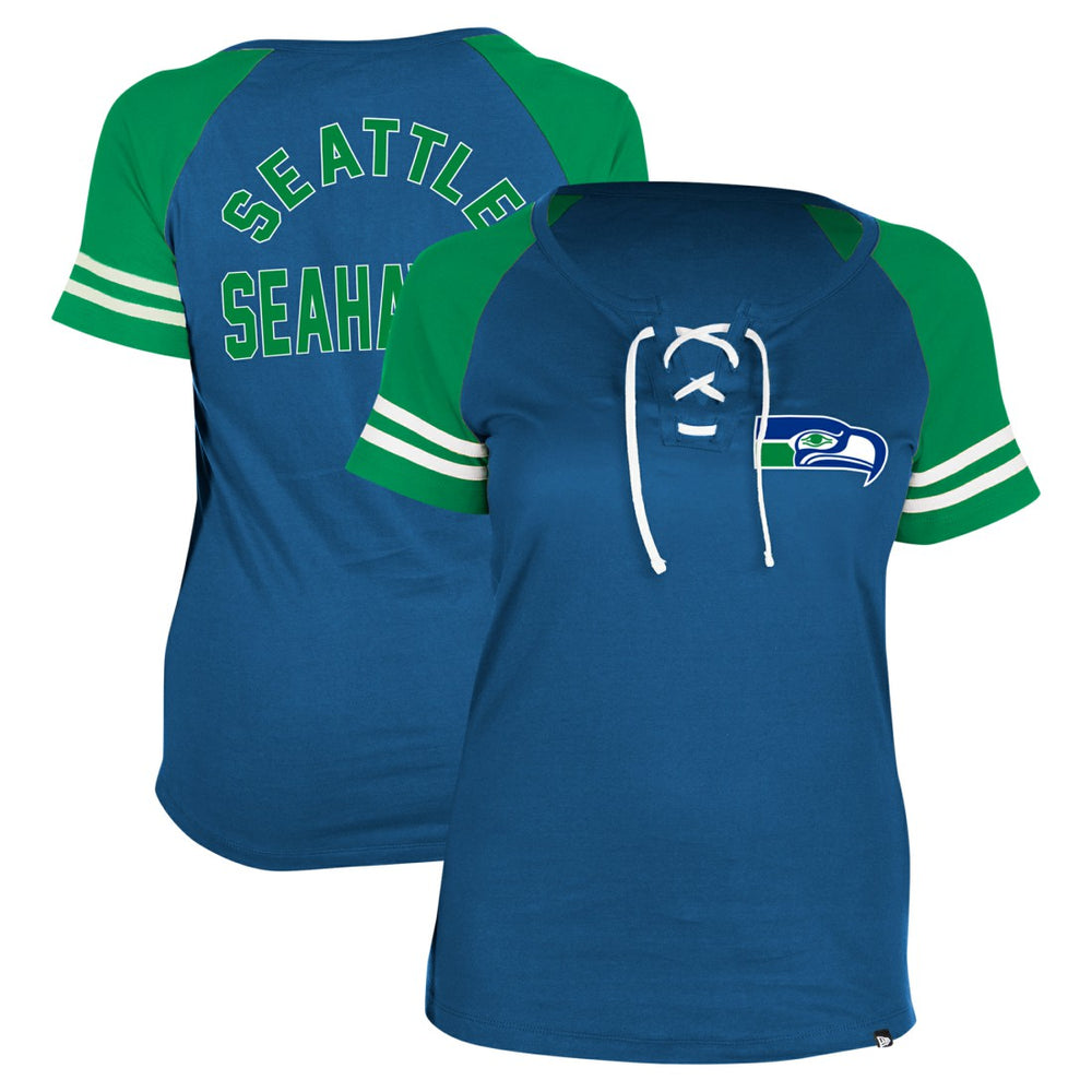 Seattle Seahawks New Era Women's Throwback Lace-Up Raglan T-Shirt - Royal discount