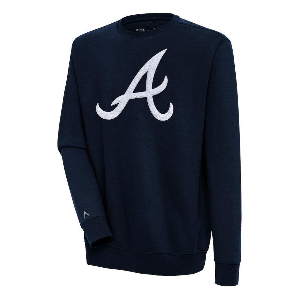 Atlanta Braves Antigua Victory Crewneck Chenille Pullover Sweatshirt Navy